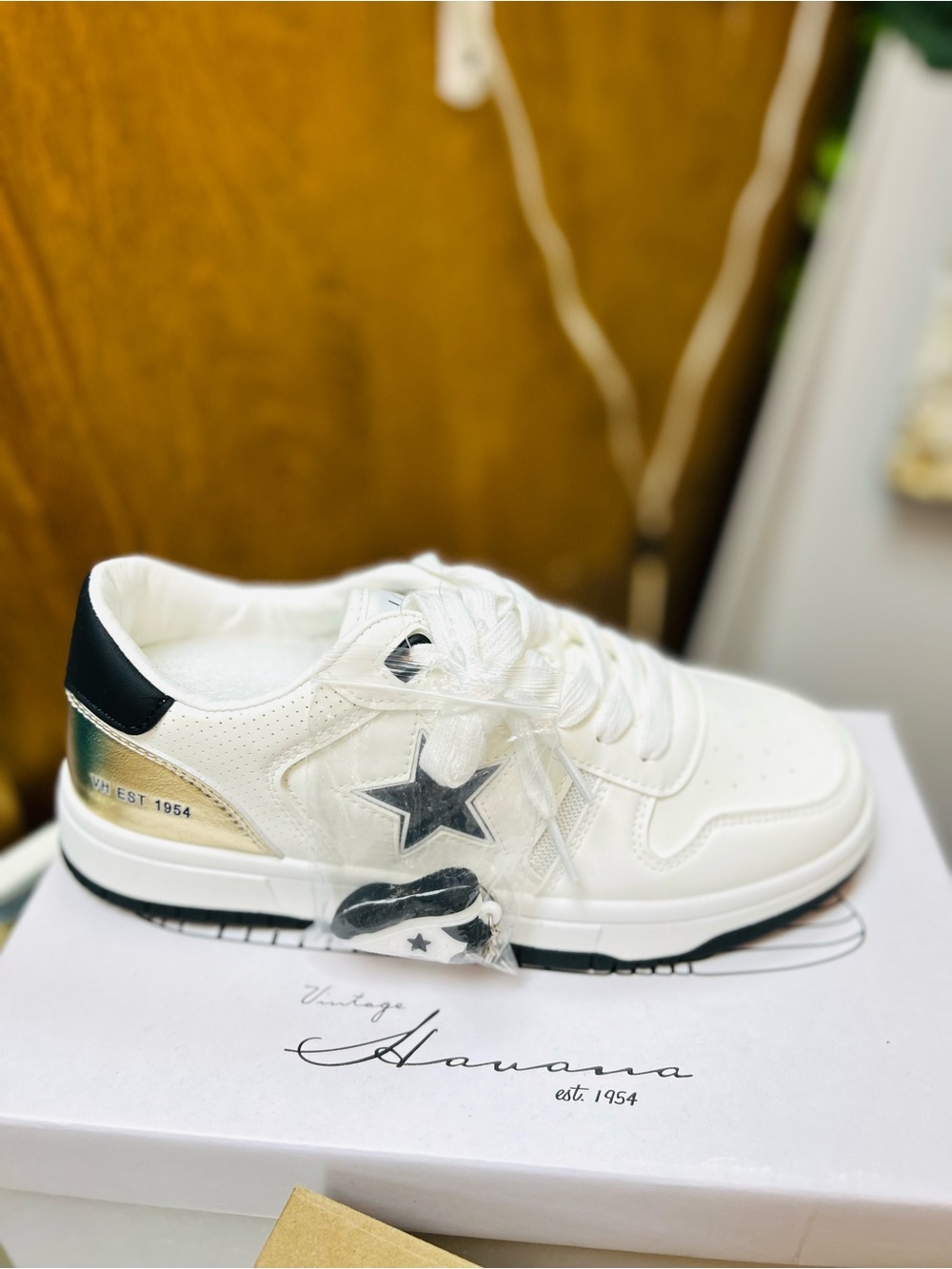 Vintage Havana White Sneaker with Black Star & Gold Heel